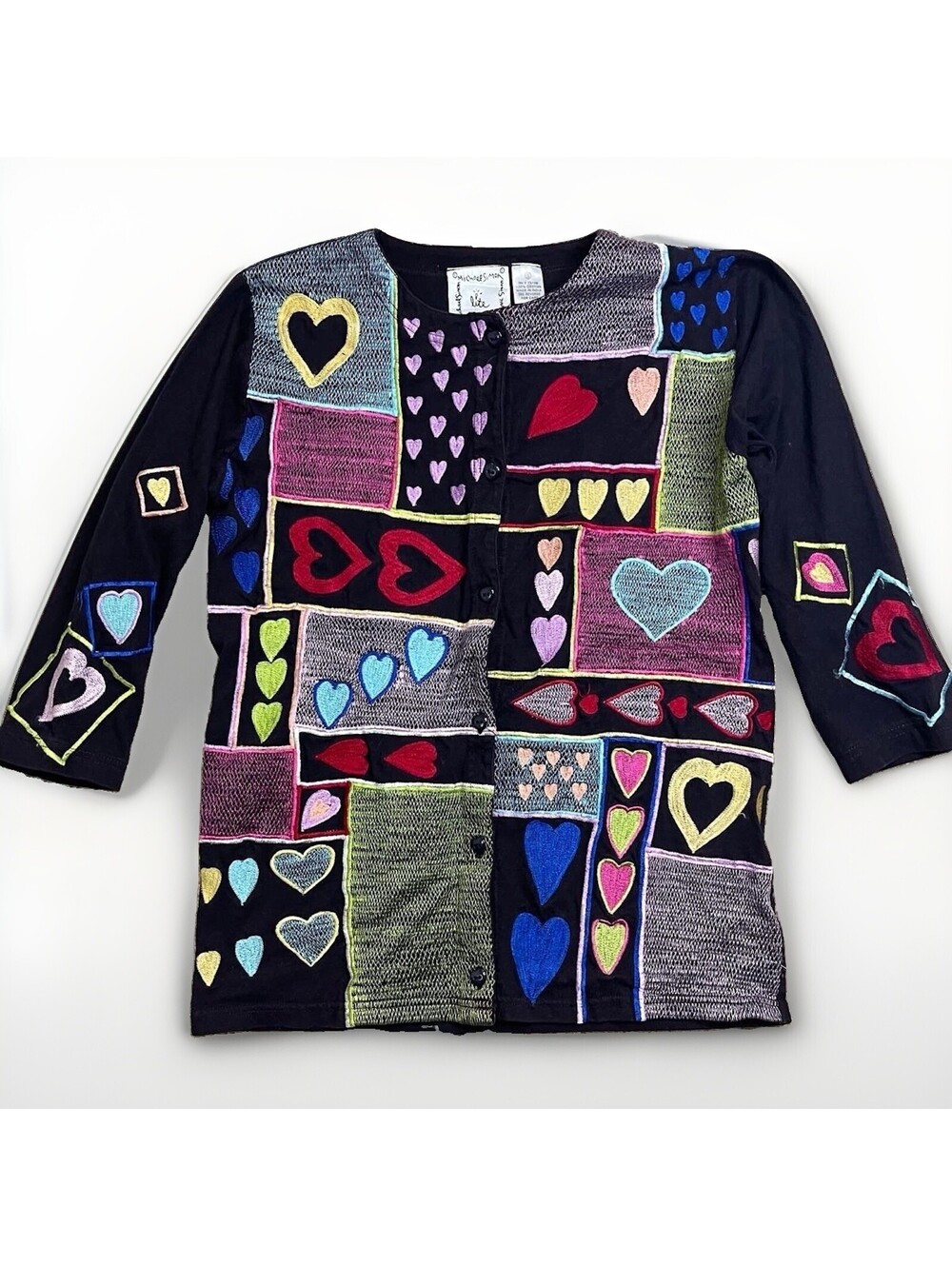 Michael Simon Lite Women’s Small Heart Patchwork Cardigan Sweater Black